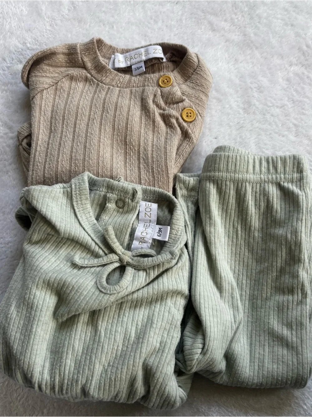 Rachel Zoe Baby Girl 3-Piece Ribbed Outfit Lot – Neutral Onesies & Pants Set